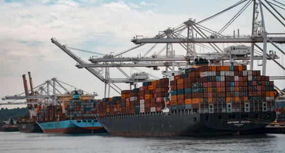 Buque portacontenedores atracado bajo grúas de puerto